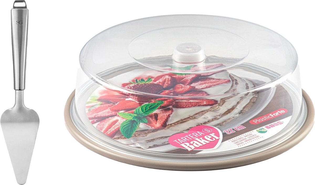 Plasticforte Taart/gebakjes bewaardoos - rond - taupe bodem - met taartschep rvs 27 cm