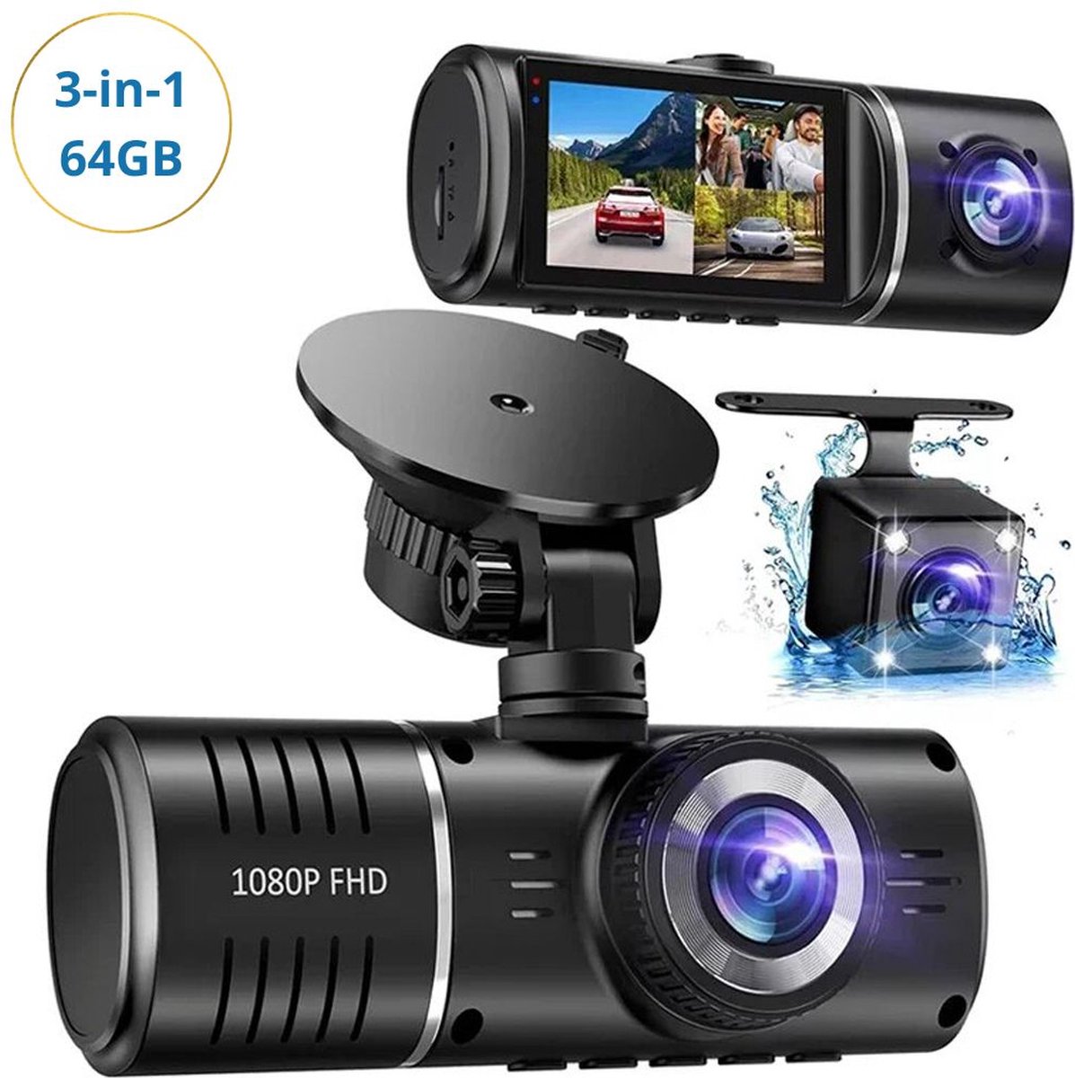 EVERFUZE - Dashcam voor Auto - Camera voor Auto Voor en Achter - Videocamera met Nachtmodus - 3 in 1 - Full HD - Loop Recording - Incl. 64GB SD Kaart