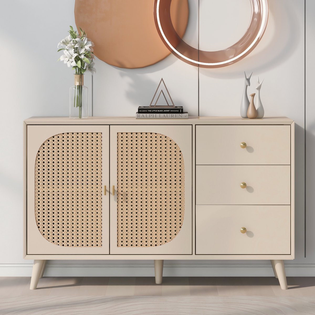 Sweiko Woonkamer ladekast, opbergkast, zijpaneel, TV tafel, met deuren en lades, met grote opbergruimte, beige, breedte 120 cm