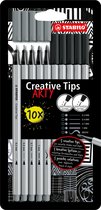 STABILO Creative Pointes - Set de stylos avec différentes épaisseurs de pointe - ARTY - Étui de 10 pièces - Zwart, Grijs