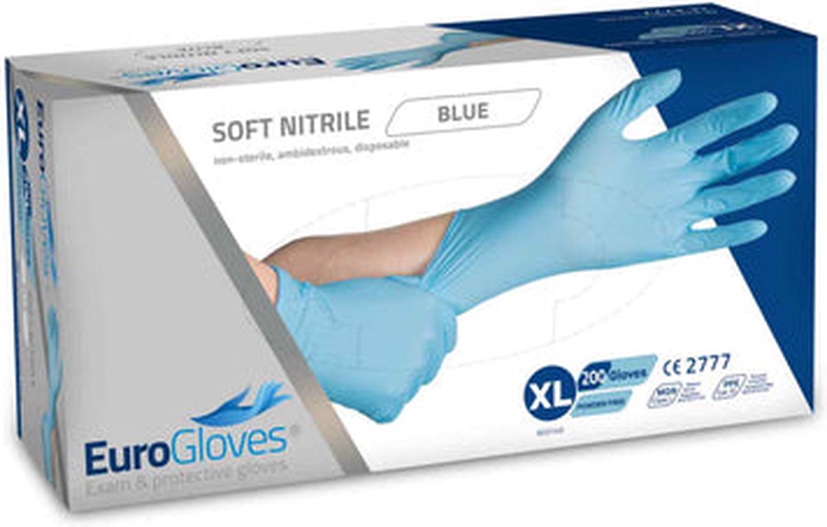 Goedkoopste Eurogloves handschoenen soft-nitrile poedervrij blauw - XL- 4 x 100 stuks voordeelverpakking