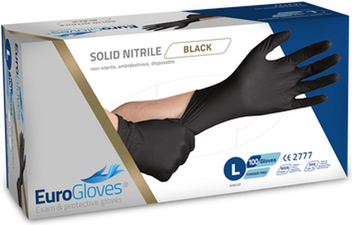 Goedkoopste Eurogloves handschoenen solid-nitrile poedervrij zwart - Large- 10 x 100 stuks voordeelverpakking