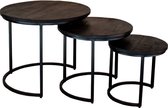 Zita Home salontafel set van 3 - 70cm breed -massief hout - volledig zwart - metalen frame