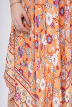 Lange dames jurk Ariel gebloemd motief oranje wit blauw roze fuchsia bruin zwart groen abrikoos strandjurk M/L
