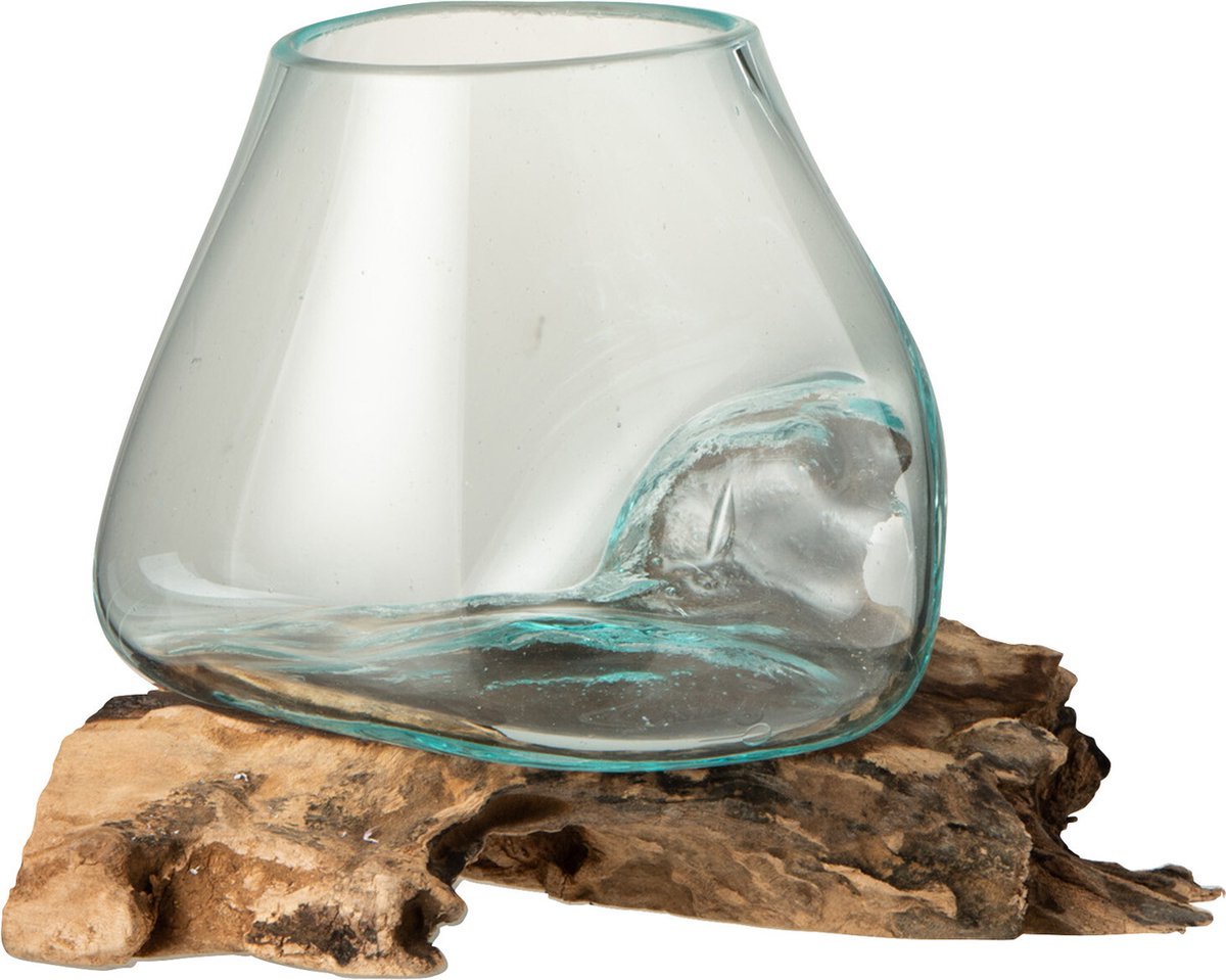J-Line vaas op voet Gamal - hout/glas - naturel/transparant - large - Ø 16 cm