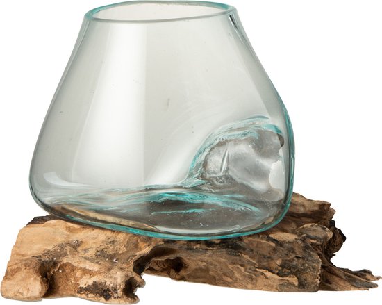J-Line Vaas Op Voet Gamal Hout Gerecycleerd Glass Naturel Transparant Large