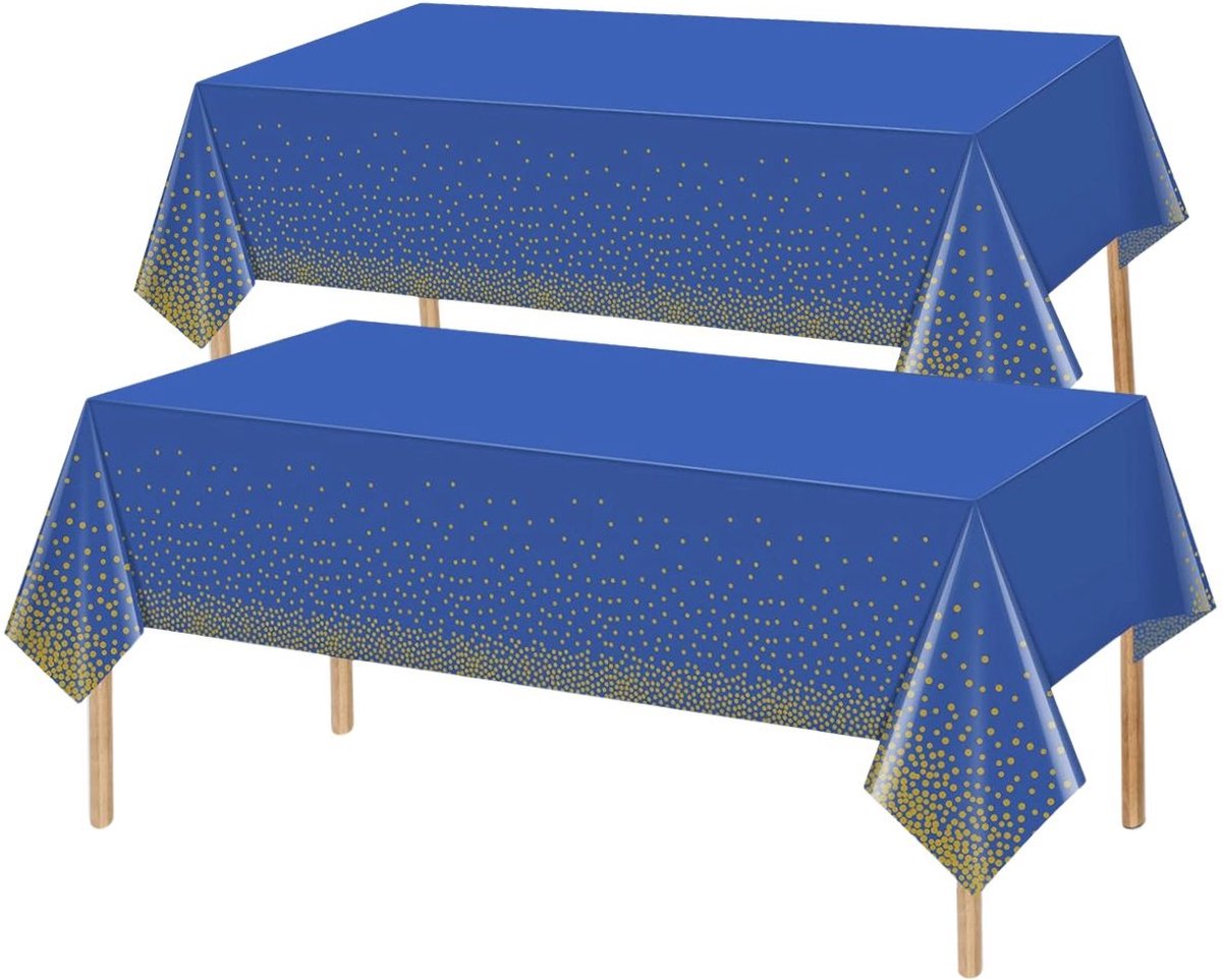 2x Tafelkleed Laken Verjaardag Versiering Tafeldecoratie Feest Blauw/Goud Stippen Tafellaken Plastic Tafelzeil 274*137cm