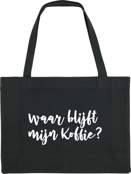 Waar blijft mijn koffie Shopping Bag - shopping bag - shopping tas - tas - boodschappentas - cadeau - zwart - grappige tekst - bedrukt