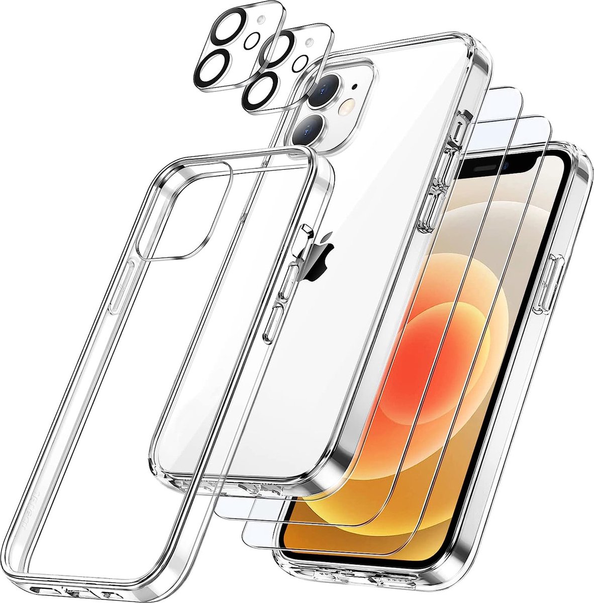 Nuvex Hoesje geschikt voor iPhone 12 mini Transparant - Bundel met 2x Screenprotector + 2x Cameraprotector - Telefoonhoesje met Beschermglas - Case Doorzichtig