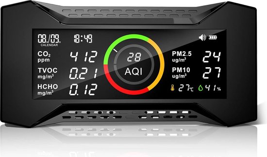 Foto: Geavanceerde luchtkwaliteitsmonitor monitort co2 tvoc pm2 5 pm10 aqi hcho temperatuur en vochtigheid voorzien van ndir sensor voor nauwkeurige metingen batterijvoeding en visueel alarm ideaal voor thuis of kantoor