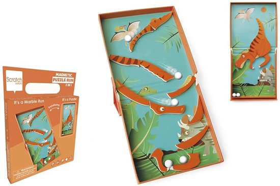 Scratch Puzzel Magnetisch: MAGNETIC PUZZLE RUN - DINO 11 stuks 15.5x20.5x2cm (gesloten), 15.5x32.5x2cm (open), 2-in-1: puzzel en knikkerbaan met 5 knikkers, 3+