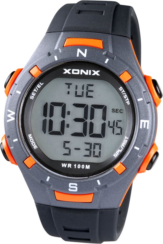 Xonix DBB-005 - Horloge - Digitaal - Unisex - Rond - Siliconen band - LCD - ABS - Cijfers - Achtergrondverlichting - Alarm - Start-Stop - Chronograaf - Tweede tijdzone - Zwart - Grijs - Oranje - Waterdicht - 10 ATM