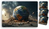 Placemats - 6 stuks 42 x 30 cm bedrukt - photorealistic-earth-planet - en 10 bijpassende onderzetters 10 x 10 cm