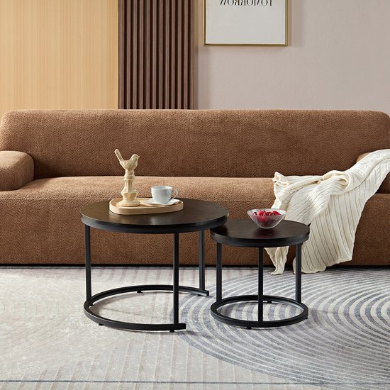 HeyHeaven® Table d'Appoint Ronde Imprimé Bois Zwart - Table Basse 2 Pièces - Tables basses Ronde Ø60 Ø40