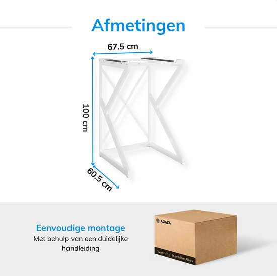 Witte metalen wasmachine verhoger, 100 cm hoog, 67.5 cm breed, 60.5 cm diep. Met 'Eenvoudige montage' tekst.