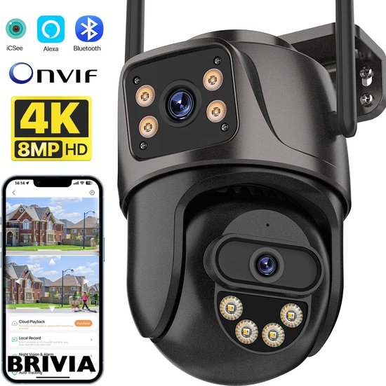 Brivia Bewakingscamera - 4K 8mp met 64G Geheugen Kaart - Camera Buiten Beveiliging - Beveiligingscamera Security 8mp Dual Screen - AI Auto Tracking - Zorgeloos Op Vakantie