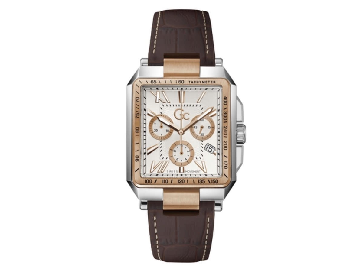 GC Heren Horloge Z06002G1MF Staal Bi-color Swiss Made Quartz Vierkant met Bruin Leren Horlogeband