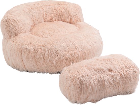 Merax Pouf en peluche – Coussin de siège confortable avec repose-pieds – Chaise moderne en fausse fourrure moelleuse – Canapé-lit paresseux – Rose