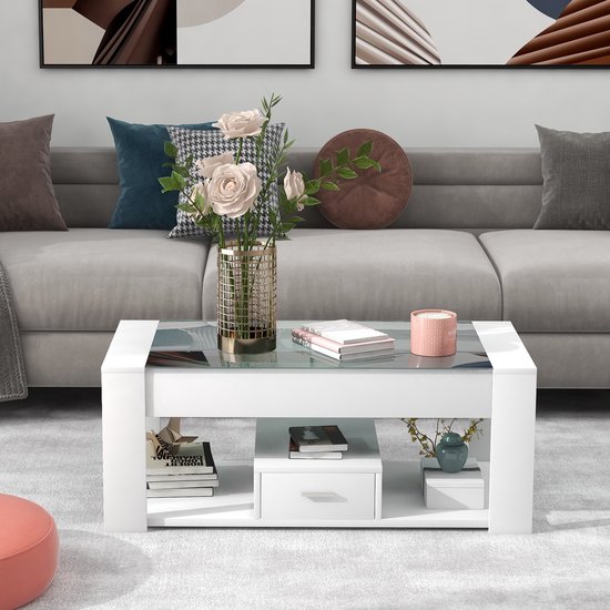 Sweiko Woonkamer salontafel met glazen blad, met kluisjes en opbergruimte, Wit 100 x 50 x 40cm