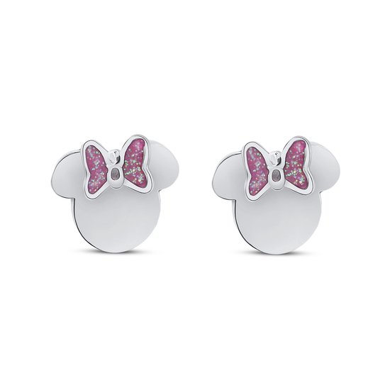 Disney 4-DIS046 Boucles d'oreilles Minnie Mouse - Clips d'oreilles - Bijoux Disney - 7,8x8 mm - Noeud en émail rose - Acier - Hypoallergénique - Couleur argent