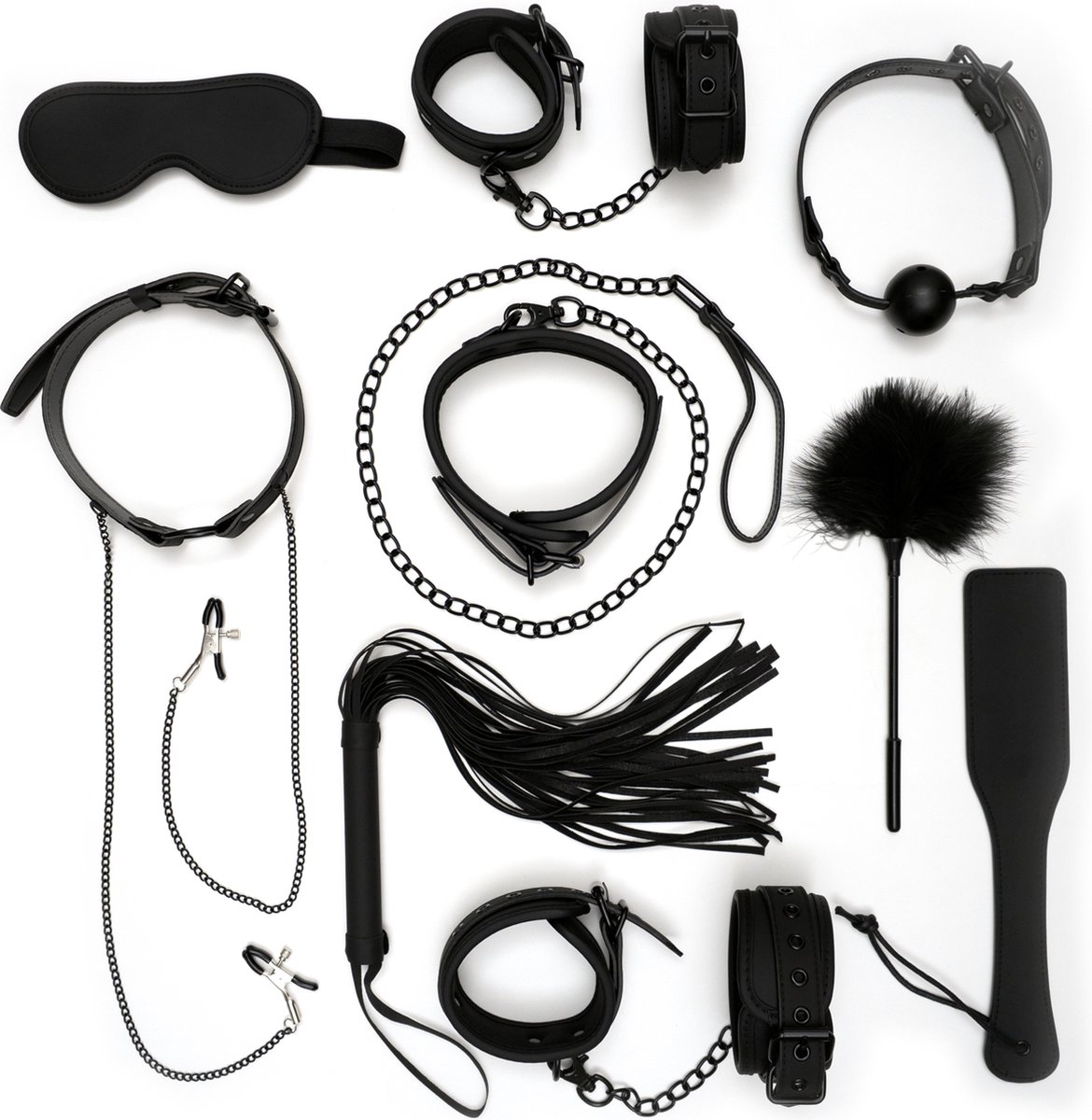 Goedkoopste Flex BDSM Kit 1 (9stk.) - Handboeien - Enkelboeien - Kietelaar - Flogger - Tepelklemmen - Ball-gag - Masker - Paddle - Halsband met riem Flex Bondage - Zwart - BDSM - Koppels