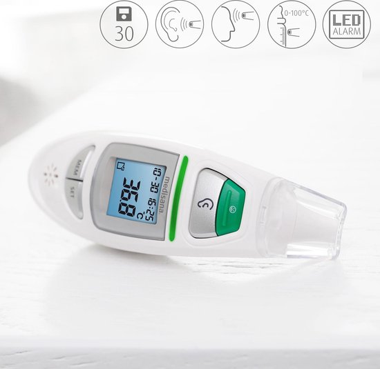 Witte Medisana infrarood thermometer, liggend op een lichte achtergrond, met een blauw display waarop 36.8°C staat. Groene en zilverkleurige knoppen.