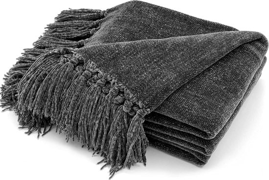 Carriediosa Grof gebreide deken 127 x 152 cm, 100% handgemaakt, grote chenille-lusgaren, zachte pluizige plaids voor bank en slaapbank, grote gehaakte gezellige zware dikke kabel geweven deken, taupe