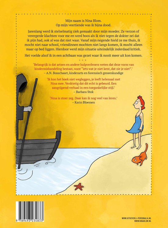 Boekrug met barcode en tekst 'Jarenlang werd ik stelselmatig ziek gemaakt door mijn moeder'. Illustratie van een meisje bij het water met een bootje en een kat.