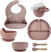 Kinderservies set - 6 delig Roze - Siliconen - Antislip - Baby - Kind - Kinderbord - Kommetje - Slabber met opdruk - Besteksetje - Bakje - Snack cup - Met zuignap - Vanaf 6 maanden - Kraamcadeau – Babyshower cadeau