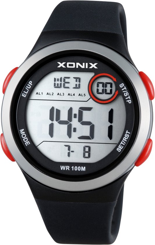 Xonix DAO-A06 - Horloge - Digitaal - Unisex - Rond - Siliconen band - LCD - ABS - Cijfers - Achtergrondverlichting - Alarm(-en) - Start-Stop - Chronograaf - Tweede tijdzone - Zwart - Zilverkleurig - Rood - Waterdicht - 10 ATM