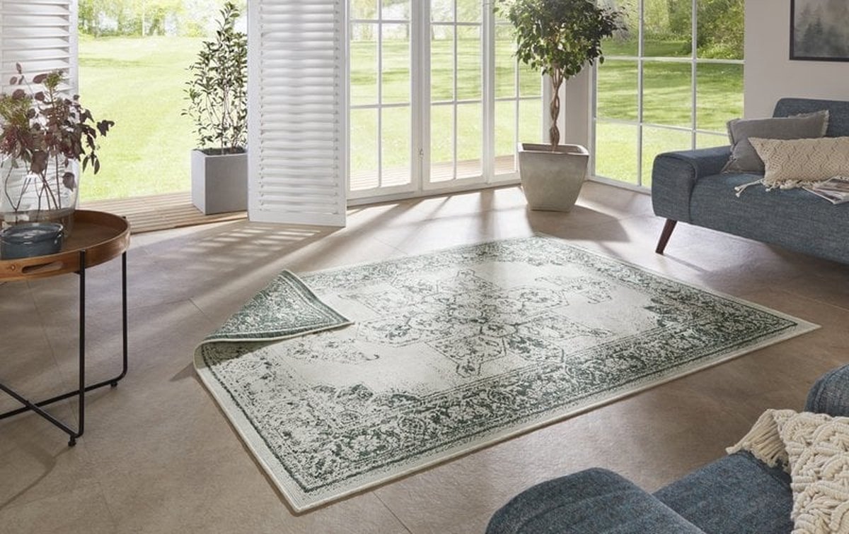 flycarpets Omkeerbaar Buitenkleed / Vloerkleed - Borbon - Groen / Creme - Laagpolig Tuintapijt / Buitentapijt / Tuinkleed - 120x170 cm