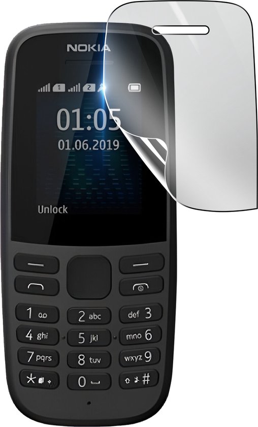 Zwarte Nokia 105 telefoon met een transparante screenprotector die deels wordt aangebracht.