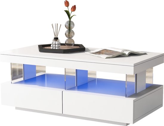 Merax Led-woonkamertafel met opbergruimte, vier laden, modern, 80 x 50 x 36 cm, wit