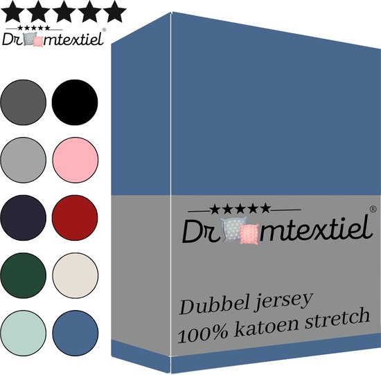 Droomtextiel Dubbel Jersey Hoeslaken Blauw Tweepersoons 140x200 cm - 100% Katoen - Hoge Hoek - Heerlijk Zacht -Strijkvrij - Rondom elastiek - Stretch - Dubbel Dikke Kwaliteit