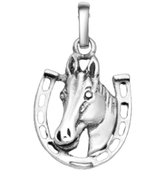 Joy|S - Zilveren paard met hoefijzer hanger - geoxideerd - 12.5 mm x 13.5 mm - zonder ketting