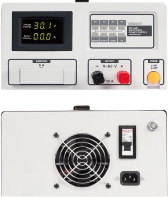 Laboratoriumvoeding, schakelend, regelbaar, 0-30 VDC/0-30 A