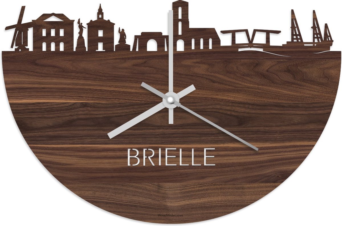 Skyline Klok Brielle Notenhout - Ø 40 cm - Stil uurwerk - Wanddecoratie - Meer steden beschikbaar - Woonkamer idee - Woondecoratie - City Art - Steden kunst - Cadeau voor hem - Cadeau voor haar - Jubileum - Trouwerij - Housewarming - WoodWideCities