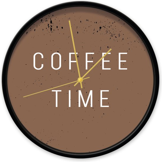Klok Coffee Time 30 centimeter Dutch Sprinkles - wandklok ø 30cm bruin met tekst Coffee Time - zwart frame gouden wijzers - koffie klok - geluidloze wandklok tikt niet - koffietijd, coffee lovers, koffiehoek