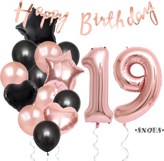 Snoes Ballonnen 19 Jaar Feestpakket – Versiering – Verjaardag Set Liva Rose Cijferballon 19 Jaar - Heliumballon