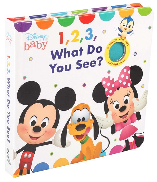 Disney Baby '1, 2, 3 What Do You See?' boek met Mickey, Minnie en Pluto. Gekleurde rand met stippen.