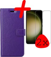 Hoes Geschikt voor Samsung S23 Hoesje Bookcase Hoes Flip Case Book Cover Met 2x Screenprotector - Hoesje Geschikt voor Samsung Galaxy S23 Hoes Book Case Hoesje - Paars