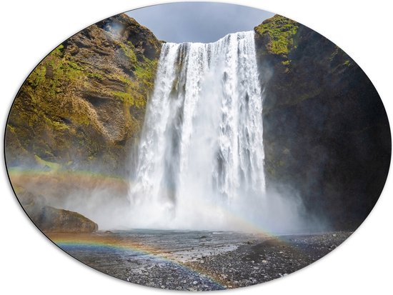 Dibond Ovaal - Dubbele Regenboog onder aan Waterval bij Cliff - 80x60 cm Foto op Ovaal (Met Ophangsysteem)