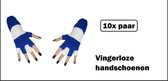 10x Paar handschoenen vingerloos blauw/wit - Bright - Carnaval thema feest optocht festival party