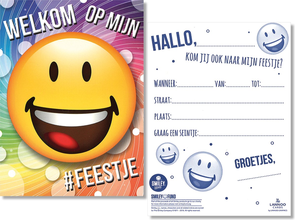 12 Uitnodigingskaartjes met envelop - Smiley - 10 x 13.5 cm