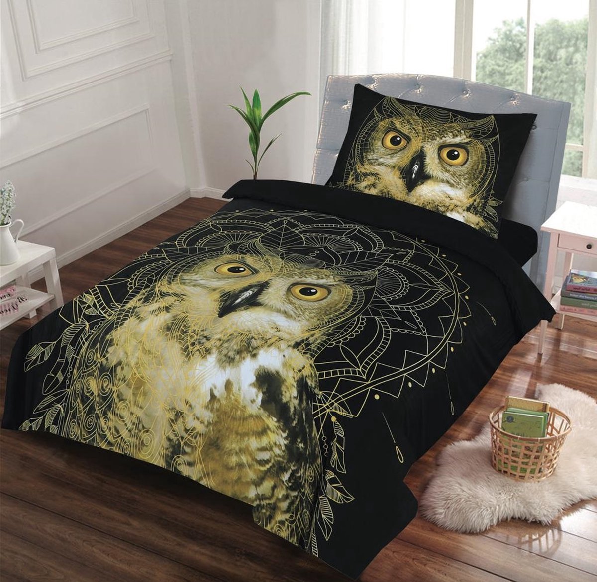 Cotton Club Dekbedovertrek - Choute Eenpersoons- 140x200/220+1 kussenslopen 60x70cm Uil - Zwart