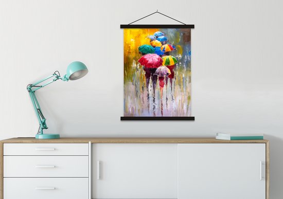 Porte-affiche avec affiche - Affiche scolaire - Peinture - Parapluie - Peinture à l'huile - 60x80 cm - Lattes noires