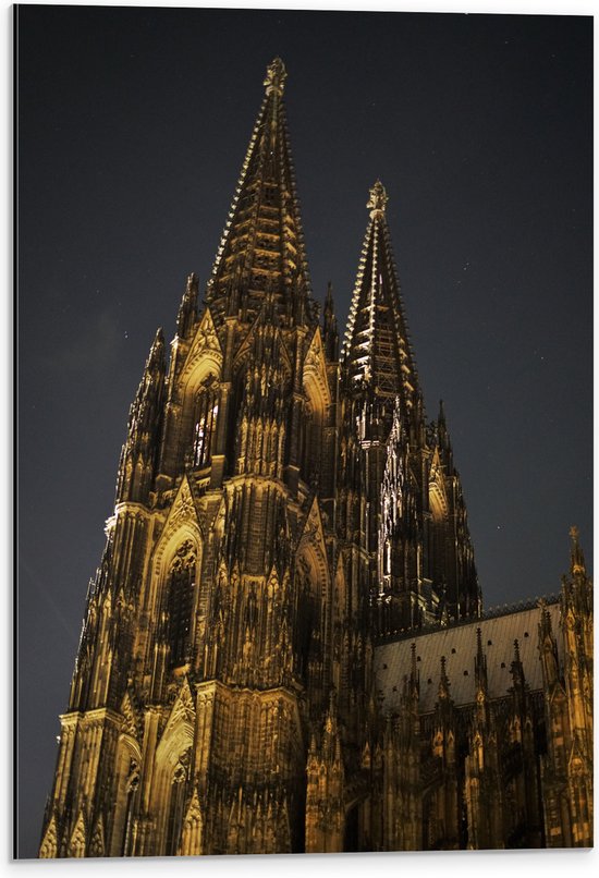 WallClassics - Dibond - Dom van Keulen - Kerk in de Nacht - 40x60 cm Foto op Aluminium (Wanddecoratie van metaal)