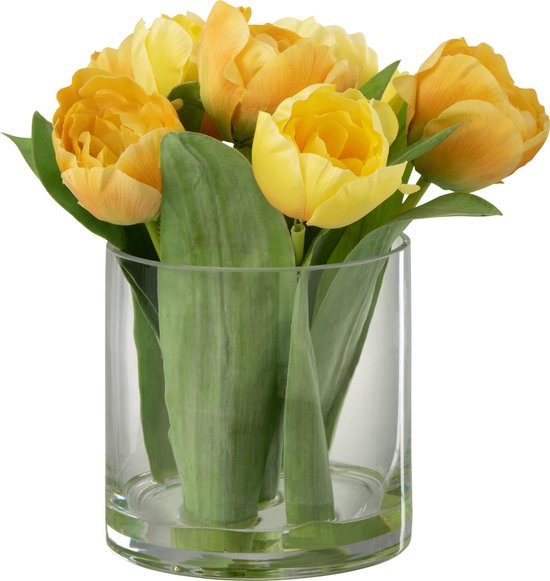 J-Line Tulpen In Vaas Rond Plastiek Glas Geel Large