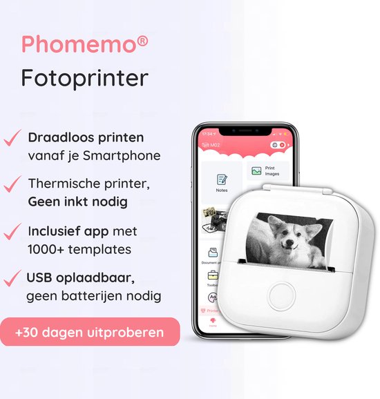 Phomemo® Mini Fotoprinter Voor Smartphone - Incl. App & 1 Rol Fotopapier - Pocket printer - Mobiele fotoprinter - Mini printer - Sticker printer - Draadloos