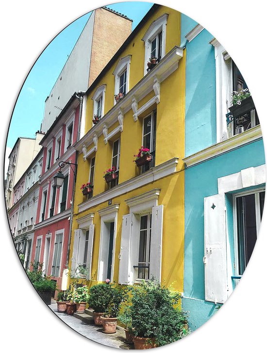WallClassics - Dibond Ovaal - Gekleurde Huizen aan elkaar - 72x96 cm Foto op Ovaal (Met Ophangsysteem)